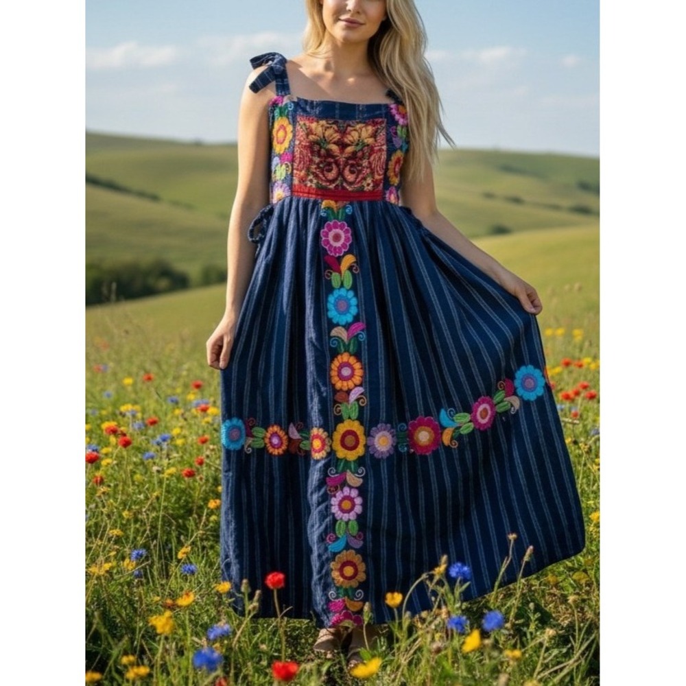 Artisan Handmade Floral Embroidered Pinafore Overall Midi Dress Boho One Size OS